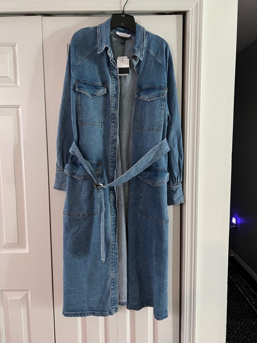 Denim Long Belted Trench Coat - Blue Eloquii
